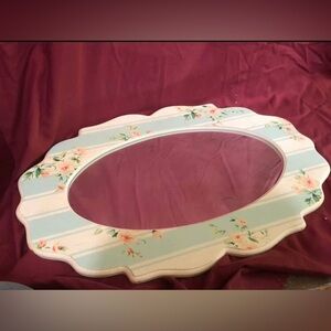 Vintage floral round mirror wood frame Granny cottage shabby 23x15.5”